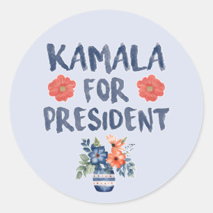Sticker Rond Kamala pour Président Fleurs aquarelles
