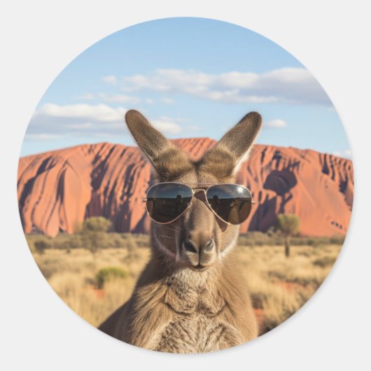 Sticker Rond Kangaroo avec lunettes de soleil à Uluru Australie (Devant)