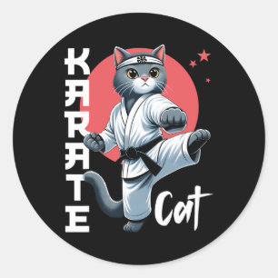 Sticker Rond Karate Cat Gi Black Belt Martial Arts Kick Feline