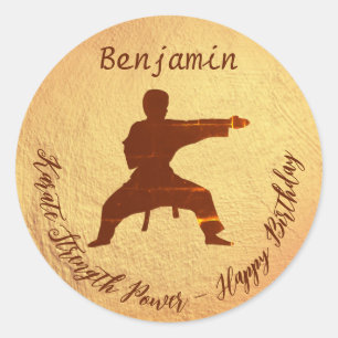 Sticker Rond Karate moderne Kids Martial Arts Joyeux anniversai