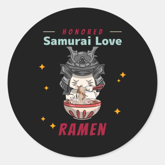 Sticker Rond Kawaii a honoré Samurai chat manger Ramen (Devant)