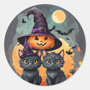 Sticker Rond Kawaii aquarelle chats noirs Happy Halloween
