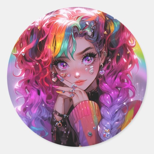 Sticker Rond Kawaii Arc-en-ciel Braids Anime Girl (Devant)