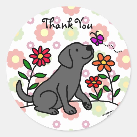 Sticker Rond Kawaii Black Labrador Cartoon Floral (Devant)