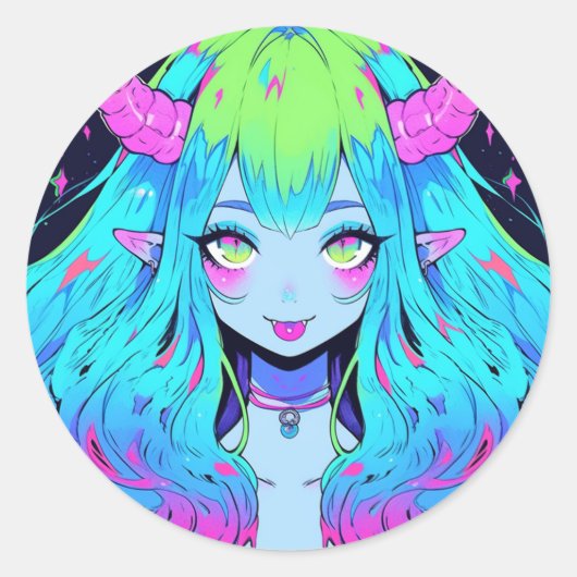 Sticker Rond Kawaii Bleu, rose et vert Anime fille démon (Devant)