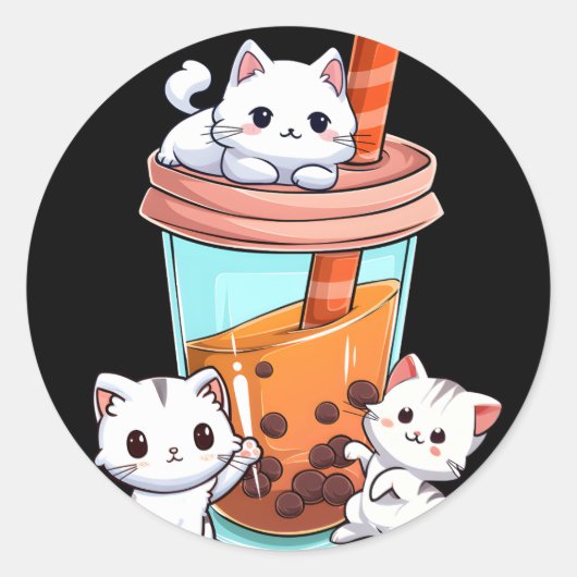 Sticker Rond Kawaii Boba Tea Cat Neko Bubble Tea Kitten (Devant)