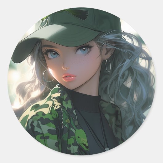 Sticker Rond Kawaii Camouflage Militaire Hunter Drill Anime Gir (Devant)