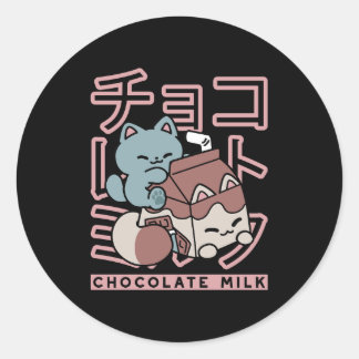 Sticker Rond Kawaii Cat with Chocolate Milk – Japanese Pop Art 