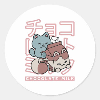 Sticker Rond Kawaii Cat with Chocolate Milk – Japanese Pop Art 