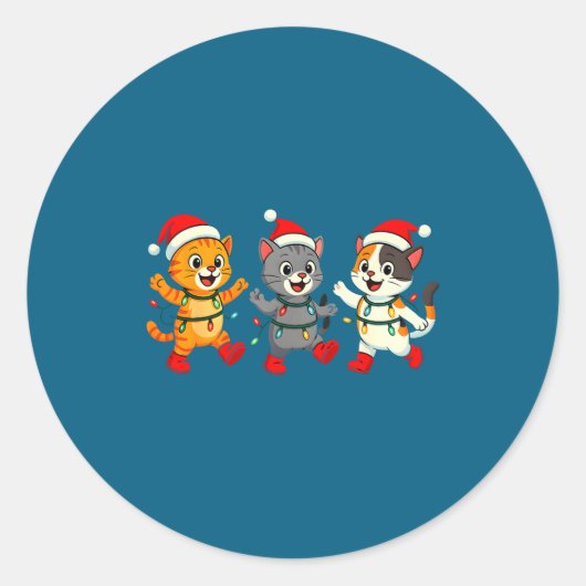 Sticker Rond Kawaii Cats Santa Hat Dancing Lights Christmas Dan (Devant)
