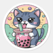 Sticker Rond Kawaii Chat avec Thé à bulle - Baguette Boba Lover (Devant)