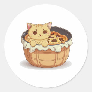 Sticker Rond Kawaii Chat dans une tarte en pot - mignonne et fa
