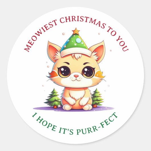 Sticker Rond Kawaii Christmas Kitten Pun chat de vacances (Devant)
