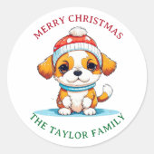 Sticker Rond Kawaii Christmas Puppy Chien Nom de famille (Devant)