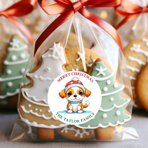 Sticker Rond Kawaii Christmas Puppy Chien Nom de famille