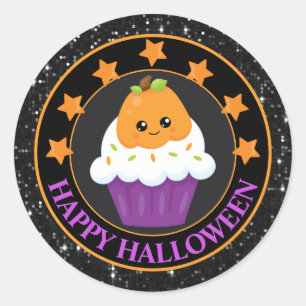 Sticker Rond Kawaii Citrouille Halloween Cupcake
