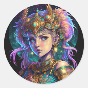 Sticker Rond Kawaii fille guerrière spatiale