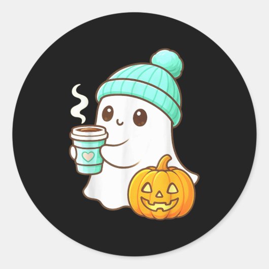 Sticker Rond Kawaii Ghost With Pumpkin Coffee Cozy Halloween Au (Devant)