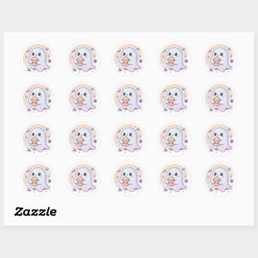 Sticker Rond Kawaii Ghost with Pumpkin Latte – Cute Halloween S (Feuille)