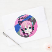 Sticker Rond Kawaii Girl avec casque sur (Enveloppe)