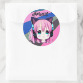 Sticker Rond Kawaii Girl avec casque sur (Sac)