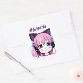 Sticker Rond Kawaii Girl avec casque sur (Enveloppe)