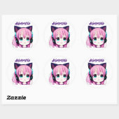 Sticker Rond Kawaii Girl avec casque sur (Feuille)