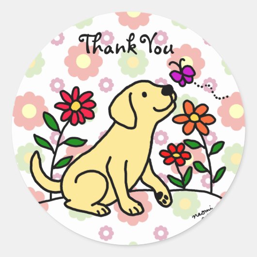 Sticker Rond Kawaii Jellow Labrador Cartoon Floral (Devant)