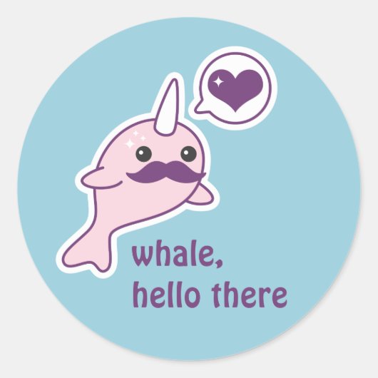 Sticker Rond Kawaii Narwhal avec Moustache (Devant)