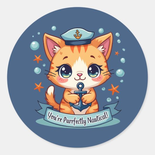 Sticker Rond Kawaii Nautical Cat Ancre Pun (Devant)