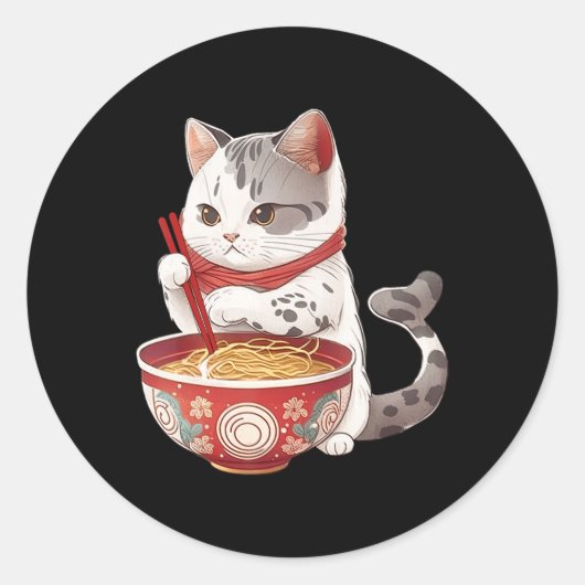 Sticker Rond Kawaii Ne Ko Chat Manger Ramen Noodles Nourriture  (Devant)