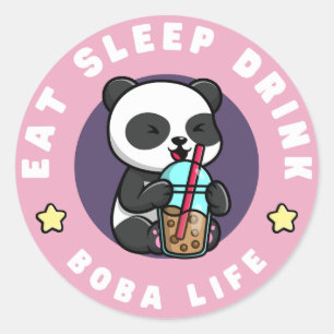 Sticker Rond Kawaii Panda Boba Tea   Addict au thé bulle