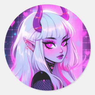 Sticker Rond Kawaii Pink Demon Girl