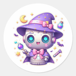 Sticker Rond Kawaii Robot Sorcière Magique Cute Bot avec baguet