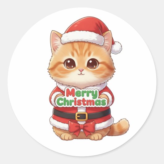 Sticker Rond Kawaii Santa Cat Merry Christmas (Devant)