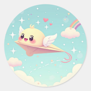 Sticker Rond Kawaii Sky Flyer – Joli ami avion en papier
