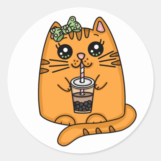 Sticker Rond Kawaii Style Kitty Chat avec thé à bulle (Devant)
