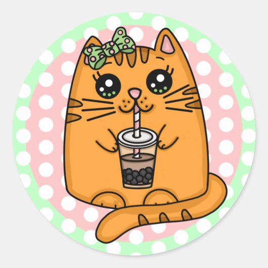 Sticker Rond Kawaii Style Kitty Chat avec thé à bulle (Devant)