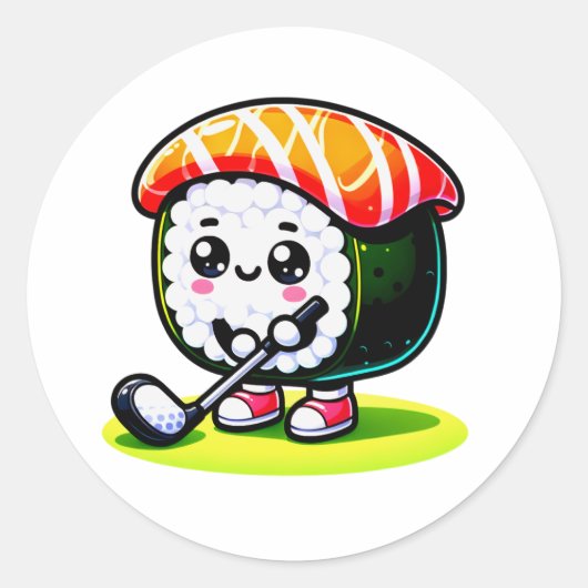 Sticker Rond Kawaii Sushi jouant au golf (Devant)