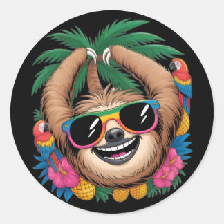 Sticker Rond Kawaii Tropical Sloth – Cute Summer Vibes Rainbow
