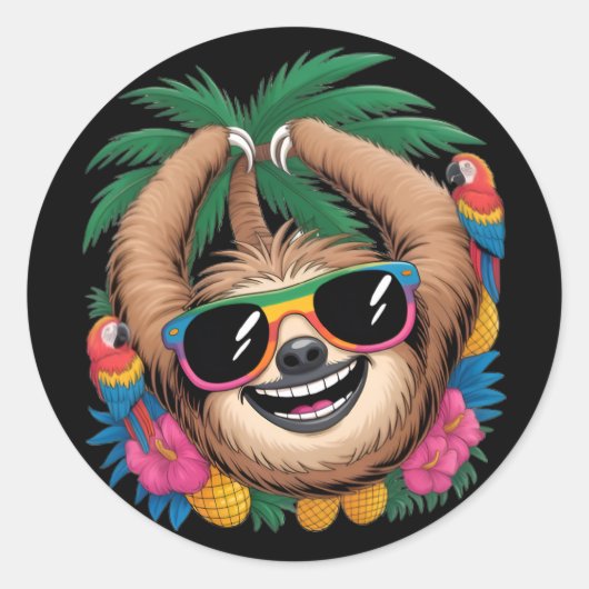 Sticker Rond Kawaii Tropical Sloth – Cute Summer Vibes Rainbow (Devant)