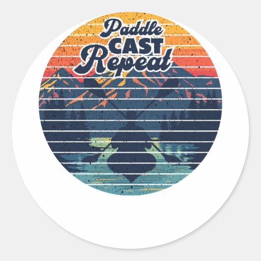 Sticker Rond Kayak Fishing Paddle Retro Sunset (Devant)