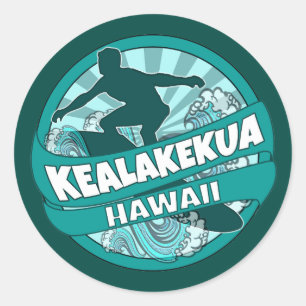 Sticker Rond Kealakekua Hawaii logo turquoise surfer