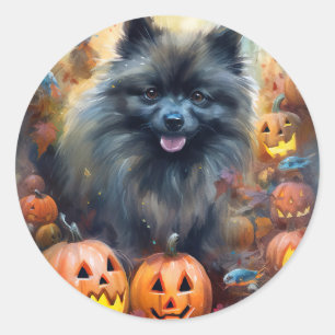 Sticker Rond Keeshond Halloween avec citrouilles effrayantes
