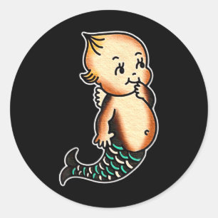 Sticker Rond Kewpie Baby Mermaid traditionnel Tattoo Flash