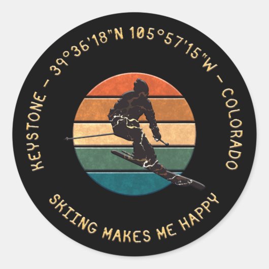 Sticker Rond Keystone, Colorado - Homme Skier, Texte Jaune (Devant)