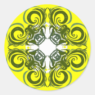 Sticker Rond Khokhloma Yellow Green Curly Motif