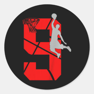 Sticker Rond Kids 9 Year Old 9th Basketball Birthday PartyTheme