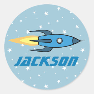 Sticker Rond Kids Blue Rocket Ship Outer Space Personnalisé Ga