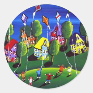 Sticker Rond Kids Flying Kites Folk Art